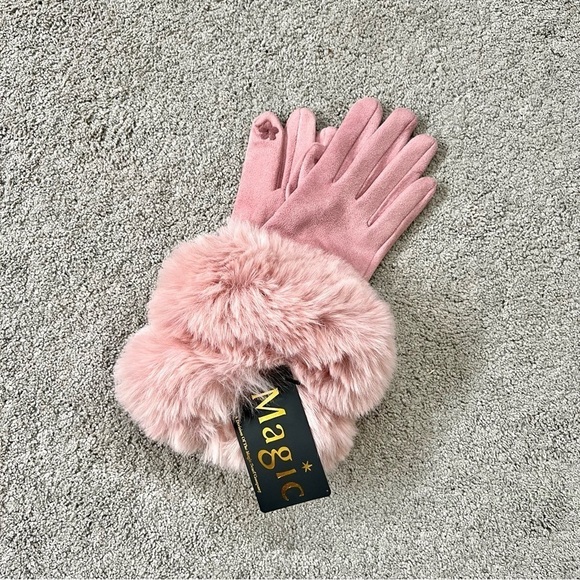 Super-Soft Faux Suede Pink Gloves Faux Rabbit Fur Tech Touch Fingers Size S - Picture 1 of 5